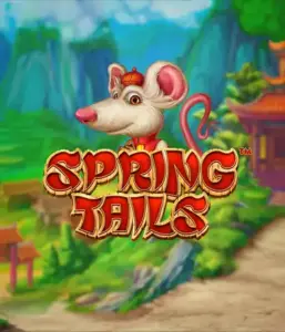 A whimsical illustration of a white rat dressed in traditional Chinese attire positioned in front of a scenic landscape with mountains. The image represents the Spring Tails Slot by Betsoft, showcased with prominent gold and red logo lettering.